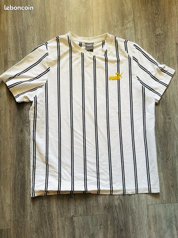 T-shirt Puma blanc rayé noir - Logo doré - Taille XL (image 1)