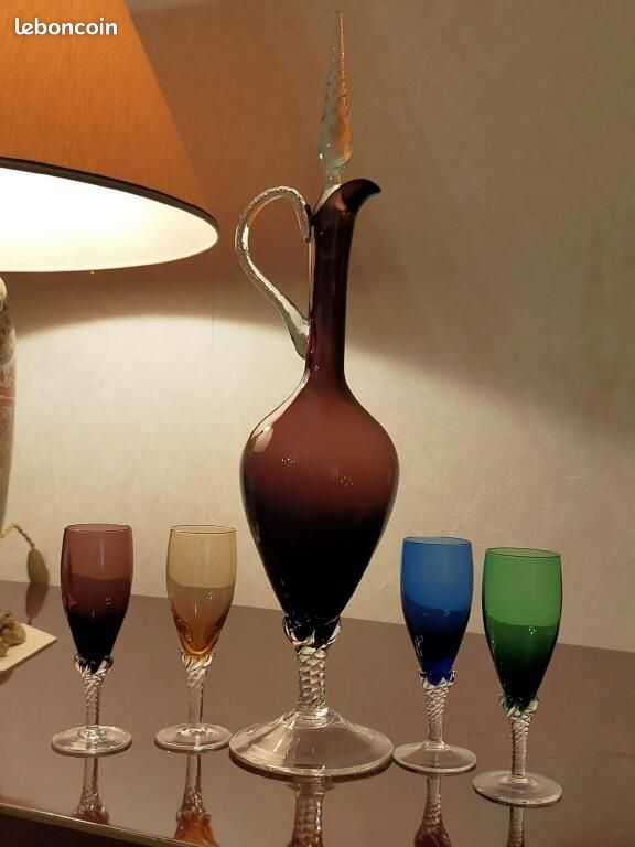 Carafe en verre de Murano avec bouchon + 4 verres colorés – années 60 (image 12)