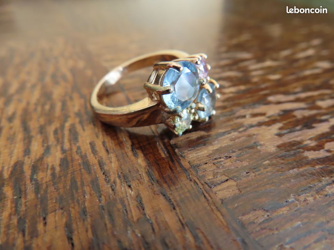 Bague Ancienne Alliance Plaqué Or Avec Zirconium Et Pierre Bleue - Créateur Vintage