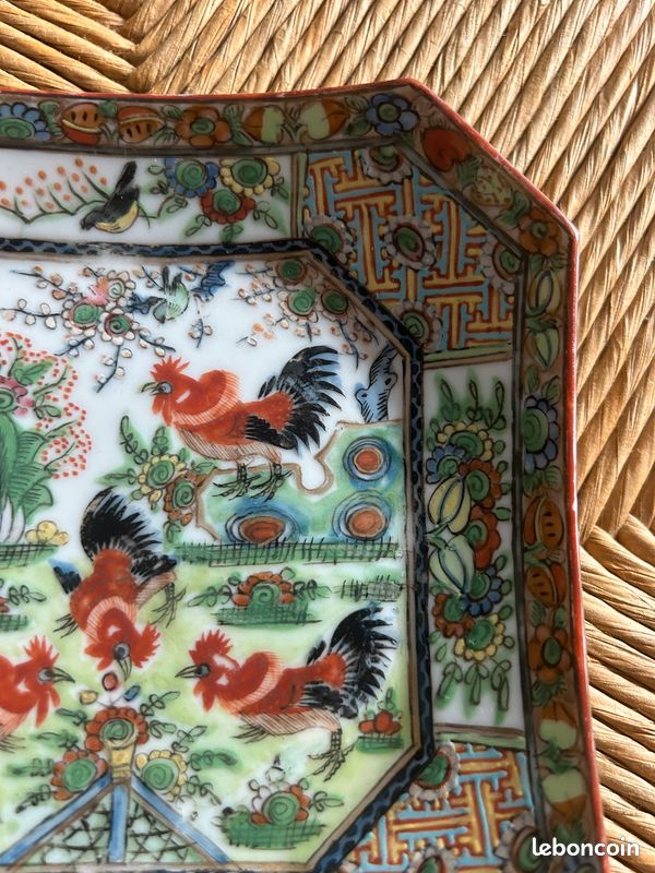 Petite ancienne vintage porcelaine de Chine carrée décor coq 15,3/15,3cm environ (image 4)