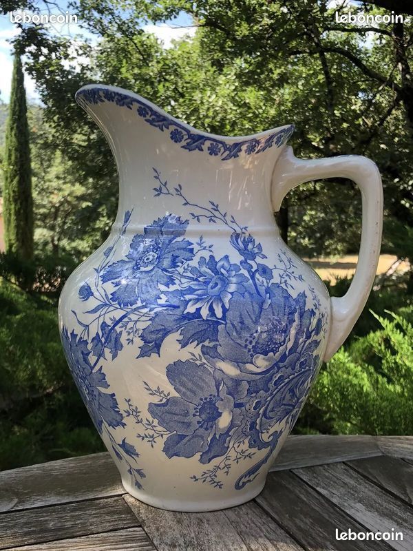 Ancien vase soliflore betschdorf schmitter grès bleu décor fleurs vintage #b647