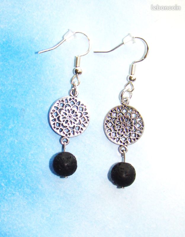 Boucles oreilles pastille filigrane boule lave noire cr argent neuves (image 4)