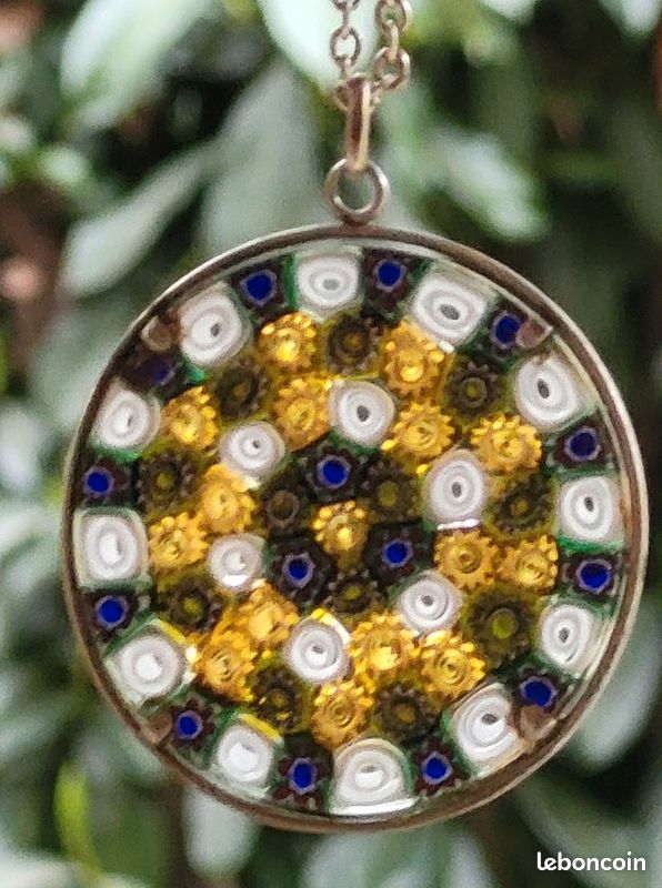 Grand Pendentif Millefiori Verre De Murano Authentique - Cadre Plaqué Or 32 Mm