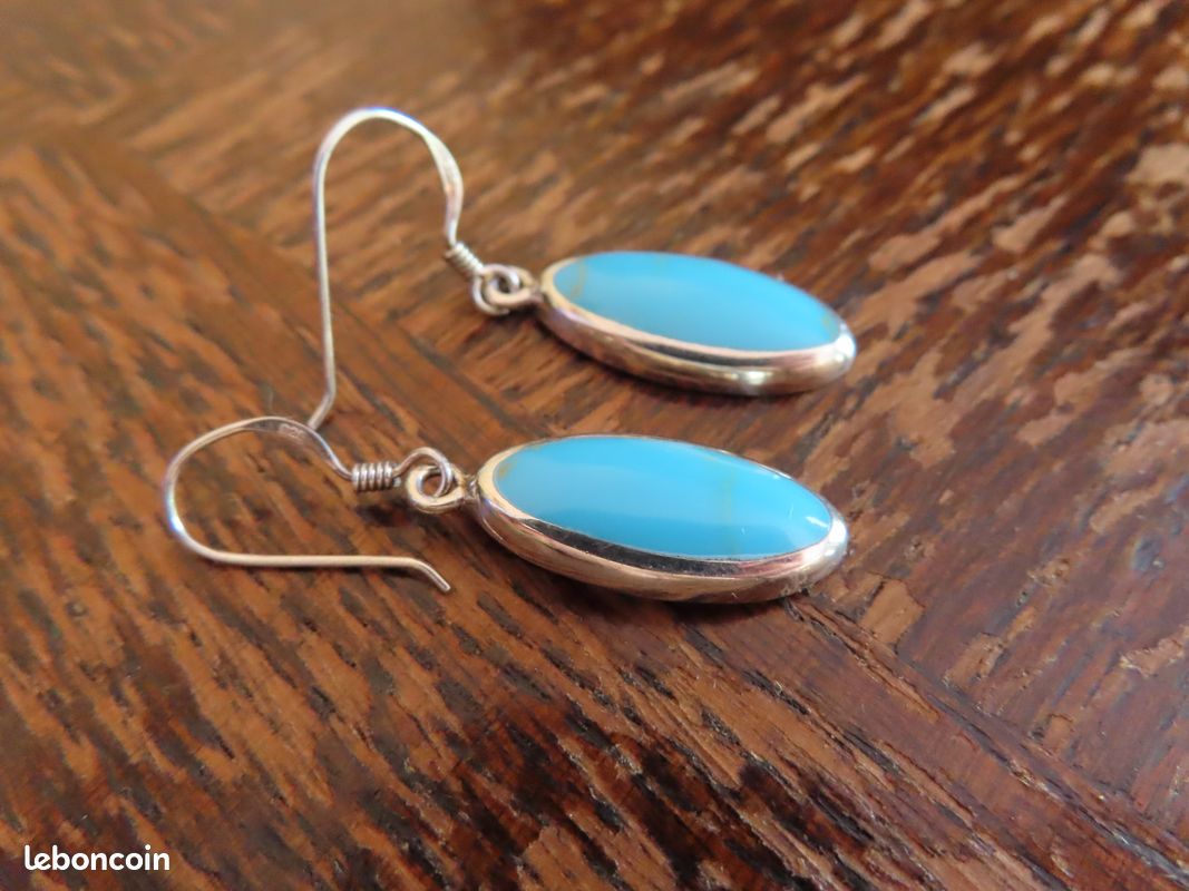 Boucles D'oreilles Vintage En Argent 925 Turquoise - Percées, Crochet, Fait Main