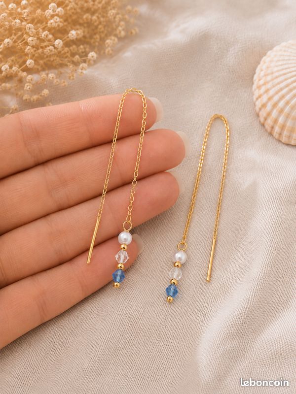 Boucles d’oreilles dorées – Perles nacrées & cristaux bleus (image 2)
