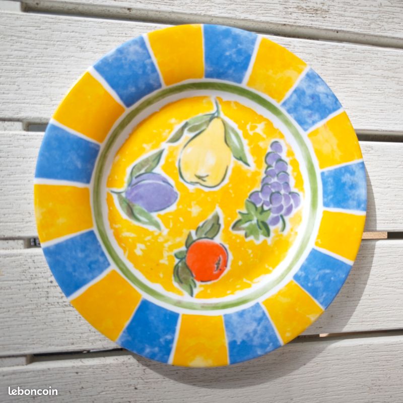 Lot De 6 Assiettes à Dessert Arcopal France – Opaline Jaune, Liseré Bleu (vintage)