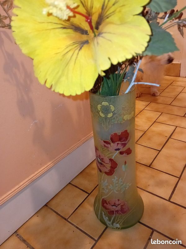 EXCEPTIONNEL : Grand Vase Rouleau Emaillé coquelicots 35 cm Art Nouveau (image 4)