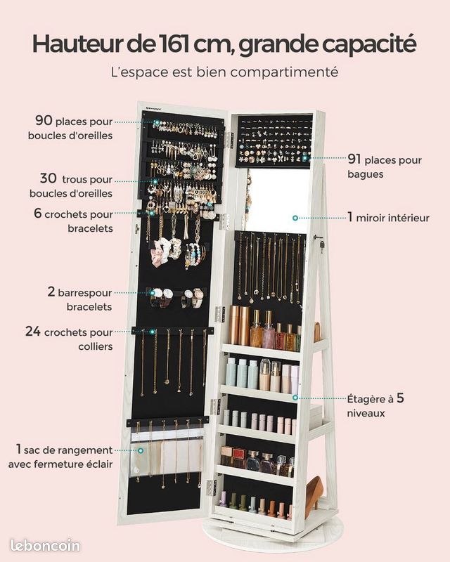 Armoire à bijoux sur pied avec miroir – rangement maquillage – blanc – neuve (image 3)