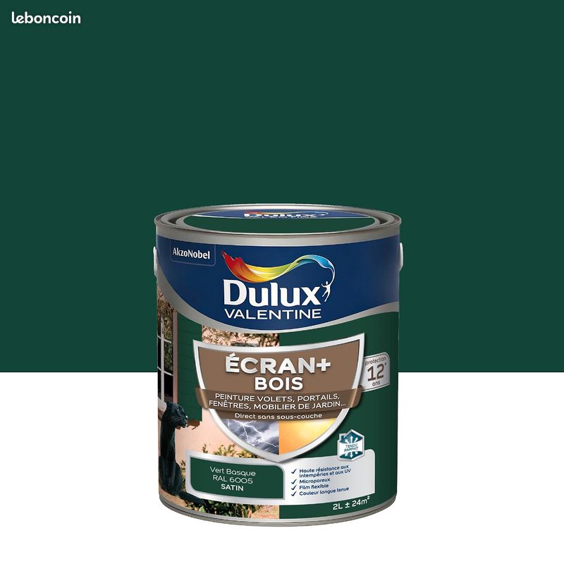 Peinture glycéro extérieure Ecran+ bois Dulux Valentine satin vert basque 2L RAL 6005 (image 1)