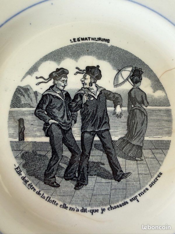 Lot de 6 assiettes anciennes Gien « Les Mathurins » – Faïence humoristique (image 6)