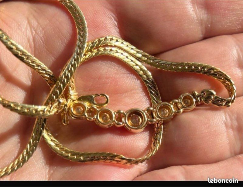 Superbe Collier Art Nouveau Des Années 1930 – Maille Fine, Plaqué Or 18K (750/1000) Avec Petite Pierre Discrète
