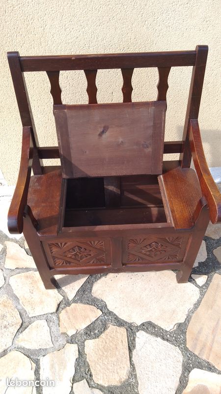 Jouet Breton Ancien - Banc Coffre En Bois Sculpté Début XXème 34cm