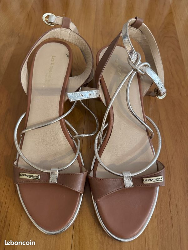 Sandales Les Tropeziennes taille 41 cuir marron et argent tres bon