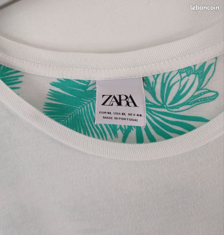 T-shirt blanc original Zara avec des manches et une poche à motifs floraux verts taille XL (image 3)