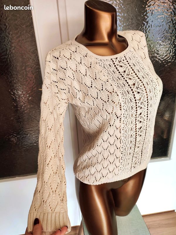 Col V Orange Pull Douillet Femme Pull Léger Dentelle Type Crochet