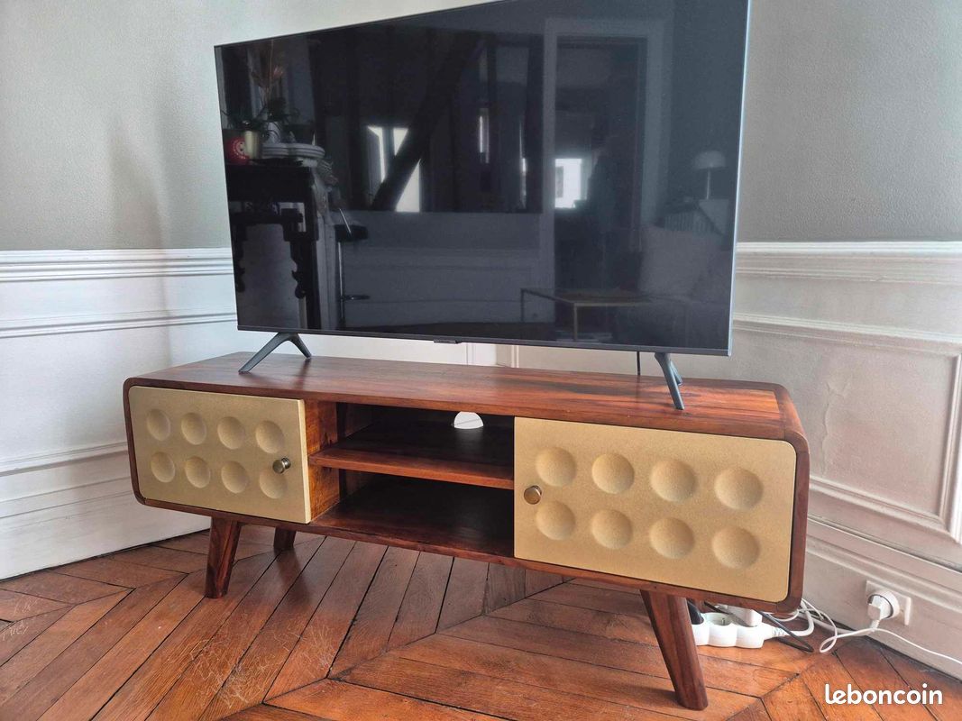 Meuble TV vintage en bois de Seesham massif et portes dorées (image 1)