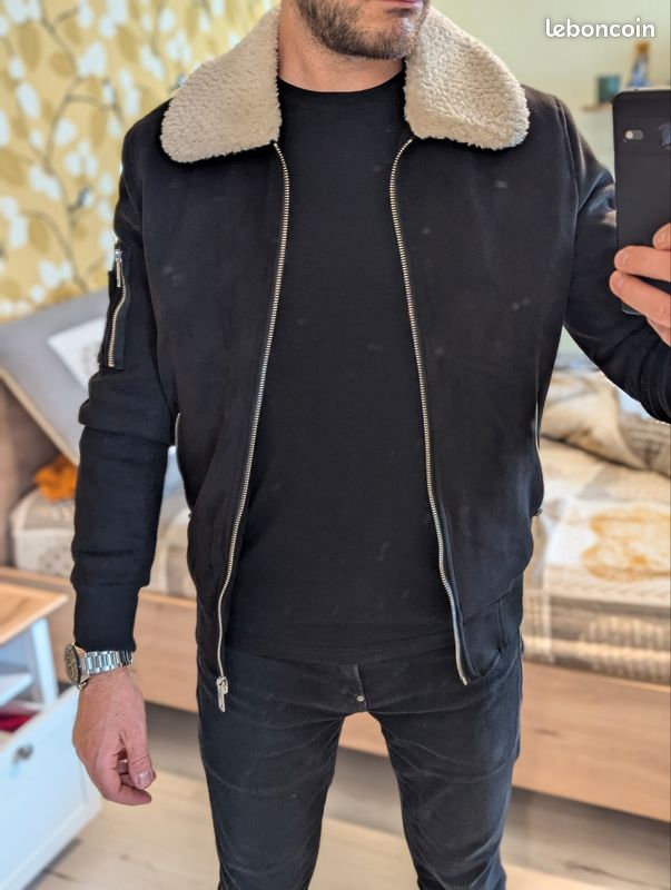 Frilivin Veste Col Mouton Noir Frilivin Veste Zippée Suédine Col