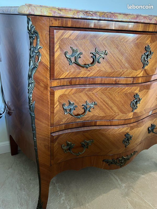 Commode Baroque Palazzo Int - 3 Tiroirs - Marbre Et Bois - Incrustations Fleurs