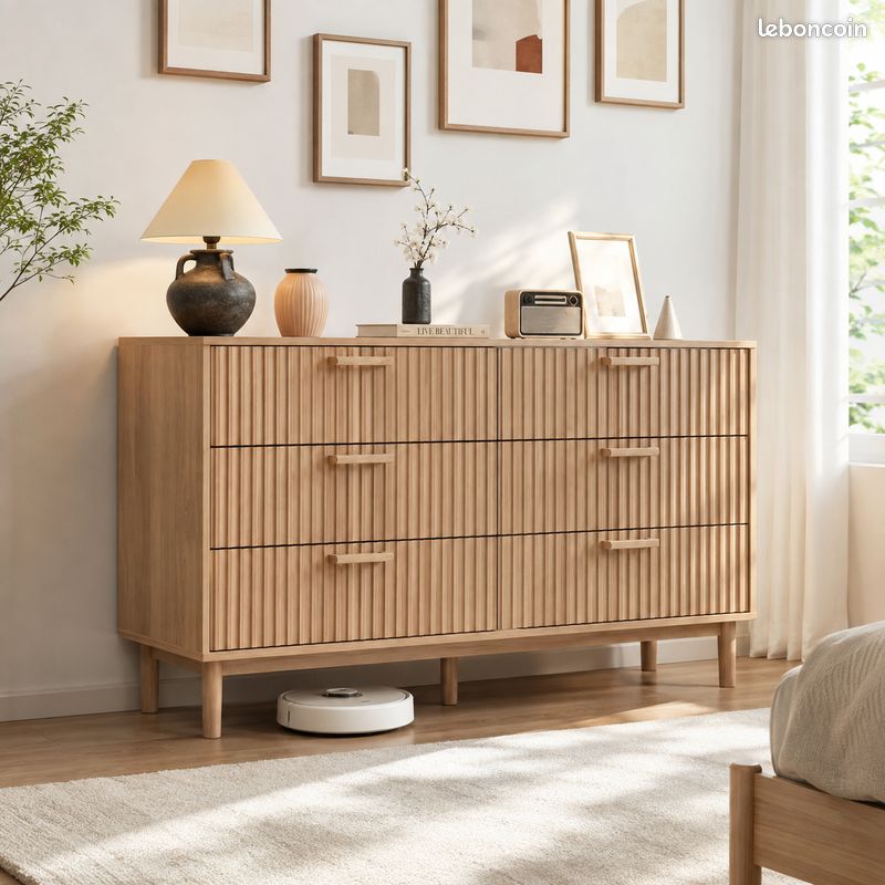 Armoire salon pièce maitresse 6 tiroirs bois rainuré meuble design (image 4)