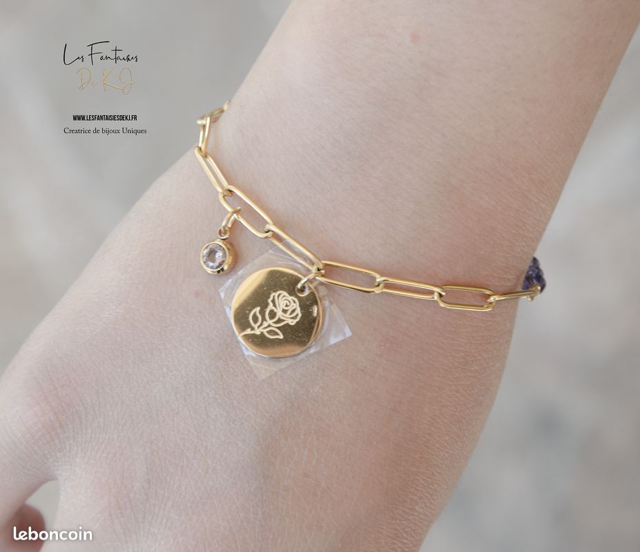 Bijoux femme Bracelet Mois de Juin "ROSE" Acier doré Oxyde de Zirconium et Cristal autrichien 16 cm Cadeau Anniversaire Modèle unique Assembler mains 🇫🇷 (A376) (image 1)