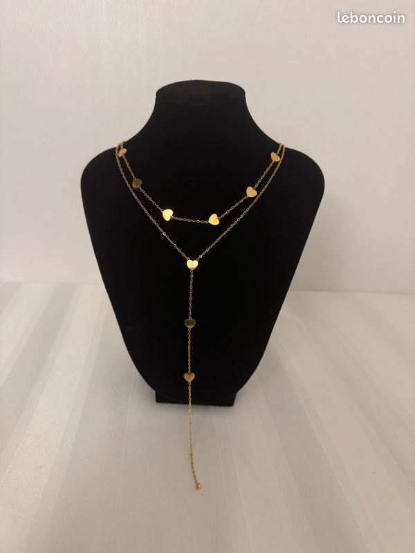 Collier doré en acier inoxydable double rang avec pendentifs cœurs
