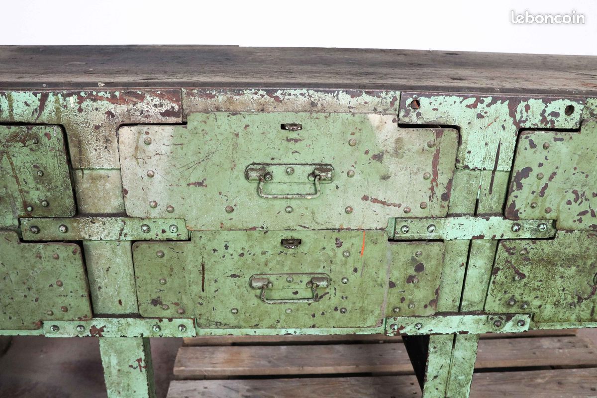 Ancien etabli riveté 301X60cm H80cm avec plateau bois - 3063 (image 7)