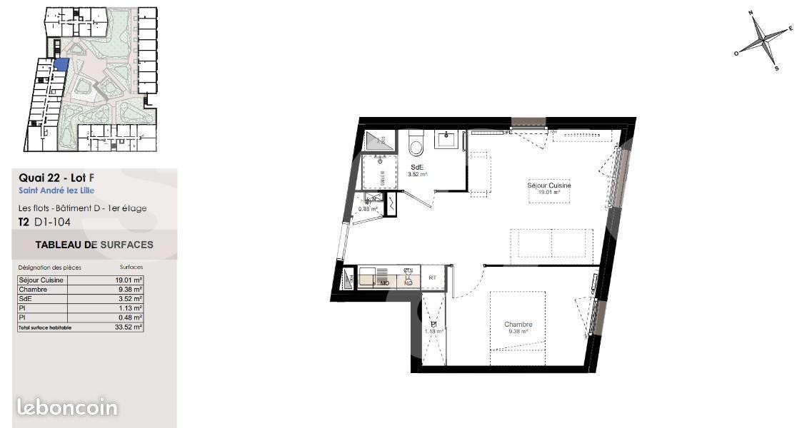 Appartement 2 pièces 32 m² · à Saint-André-lez-Lille · 32 m² · 915 €/mois