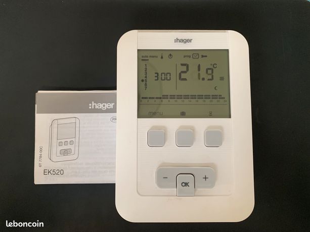 Thermostat Digital Hager EK570 Programmable 7 Jours - 2 Fils, Sur Piles (piles Non Fournies)