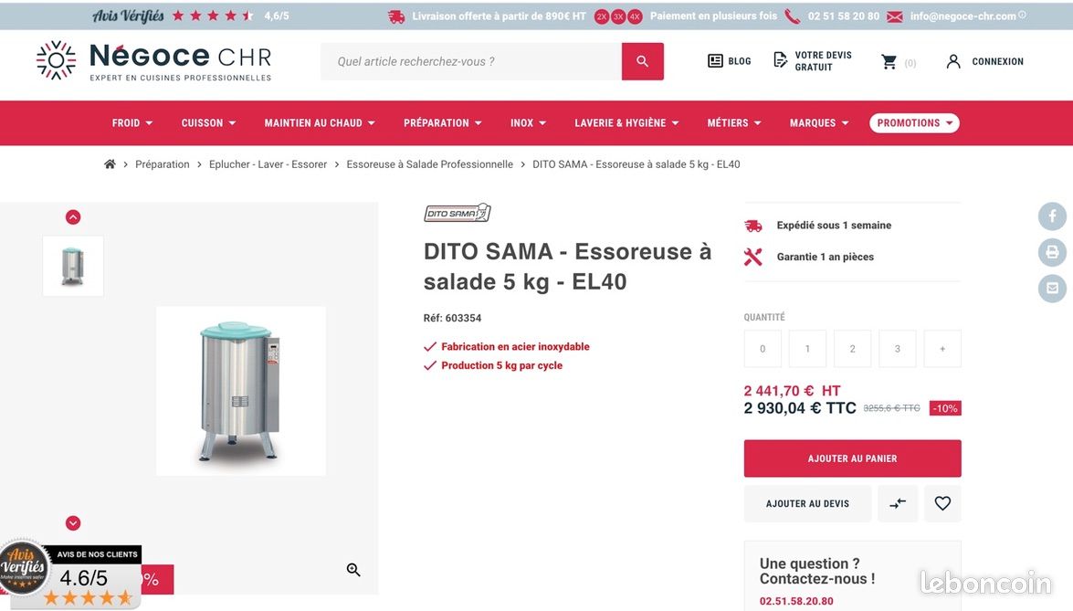 Essoreuse a salade et legumes professionnelle (image 1)