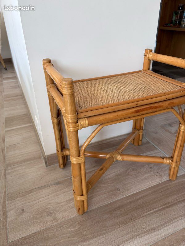 Table d appoint meuble banc bambou bois vintage (image 3)