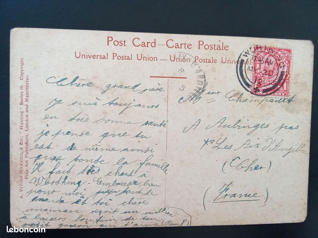 Carte Postale Ancienne Anglaise 1915 - Scène Chasse à Courre Timbre George V R/V RARE (image 2)