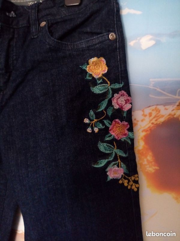 Pantacourt Jean Brodé Fleurs - Taille Libre - Coton - Fabriqué En France - Neuf Sans étiquettes