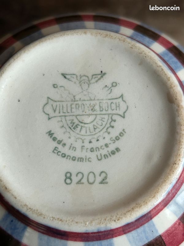 Pot couvert sucrier et presentoir Villeroy Boch Mettlach Sarre vichy peint main 8202 (image 6)