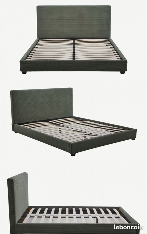 Lit sommier neuf 160x200 velours côtelé vert avec tête de lit – William (image 1)