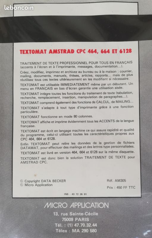 Notice Amstrad 464/664/6128 Textomat traitement de texte/ Micro Notice Amstrad 464/664/6128 Textomat traitement de texte/ Micro