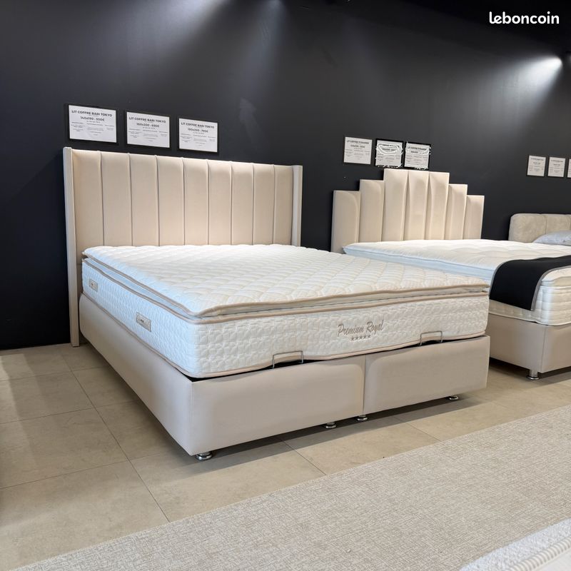 Lit coffre tokyo bari velours beige 160x200 avec sommier intégré et matelas en option 140x190 180x200 90x190 (image 1)