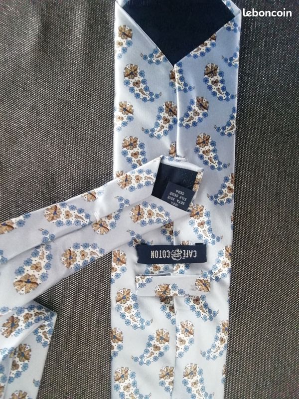 Cravate homme en soie motif bleu beige marron Café et Coton (image 3)