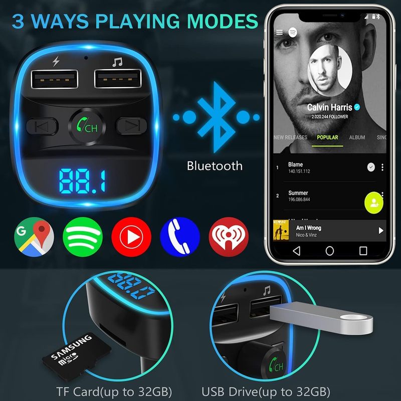 Transmetteur FM Voiture Bluetooth, Lecteur MP3 Adaptateur Radio sans Fil  Kit Émetteur FM Chargeur, Appel Mains Libres, 2 USB Port 5V/2.4A1A, Support  Carte SD/Clé USB - Équipement auto