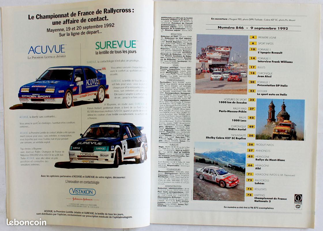 ANCIEN MAGAZINE 4 REVUE AUTO HEBDO 1992 N846 à 849 456GT COBRA HONDA RENAULT (image 2)