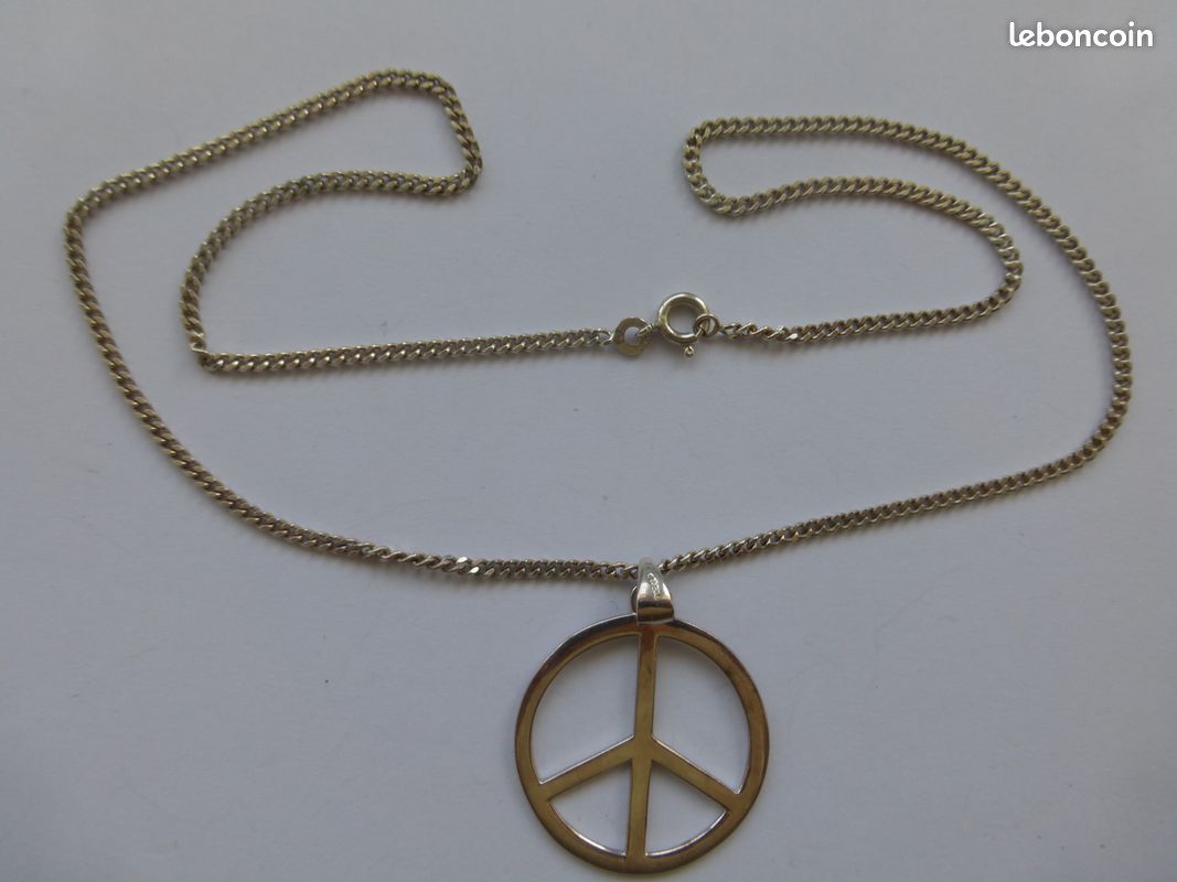 Gros collier peace and love argent 925 3 poinçons 8,08gr tbé : chaine 45cm maille gourmette de 2mm, pendentif diamètre 2,1cm (image 2)