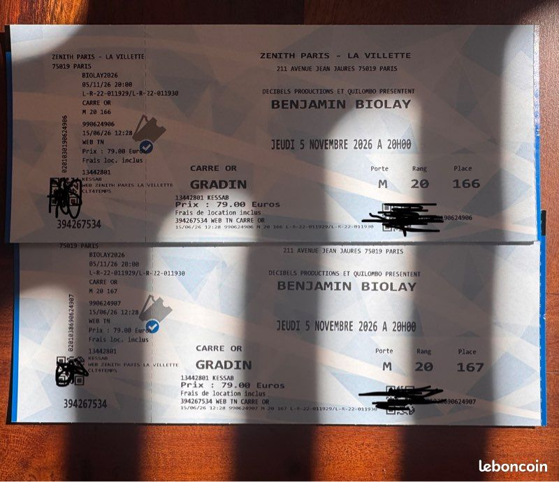 2 places en carré or pour le concert de Benjamin Biolay au zénith de Paris le 05/11/2026 (image 1)