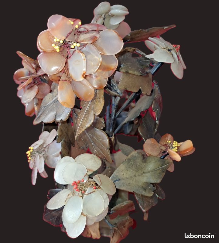 Exceptionnel ancien grand arbre en fleurs 29 cm en pierre dures cache pot en jade artisanat chinois en parfait état (image 9)