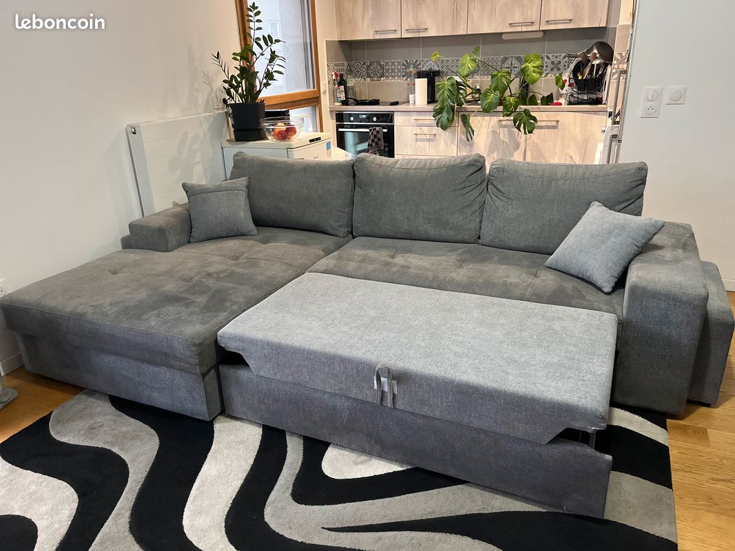 Canapé 4 Places Gris IKEA Avec Pouf Rangement - 215x80cm, Tissu Coton - Occasion Bon état