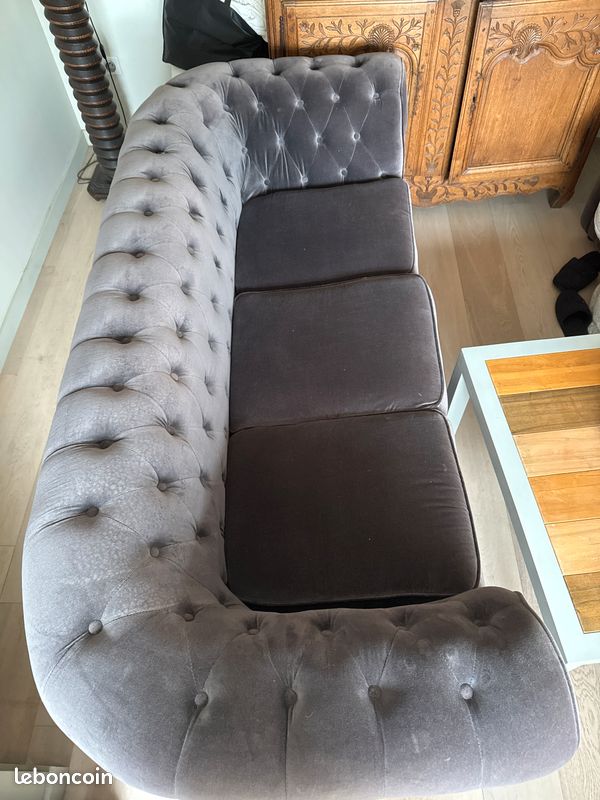 Canapé Gris Velours, Style chesterfield, (image 4)