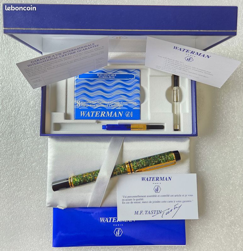 Stylo Plume Waterman CF Bleu-vert - Plume En Or Massif 14 Carats - Occasion Rare