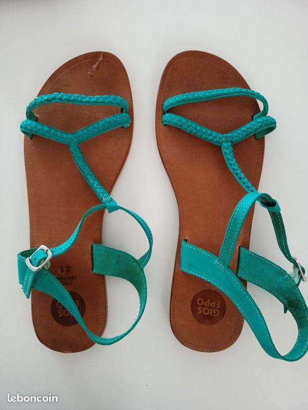Jolies sandales vert turquoise en cuir t. 40/41 (image 4)