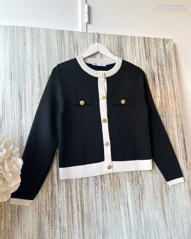 Cardigan Zara Noir à Fil Métallisé - Boutons Argentés Mâchoire - Taille L, Neuf Avec étiquettes