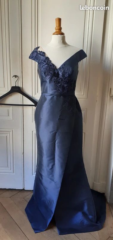 Robe Cocktail T By Tadooli Marine Ajustée Dentelle - Taille 12, Occasion Très Bon état