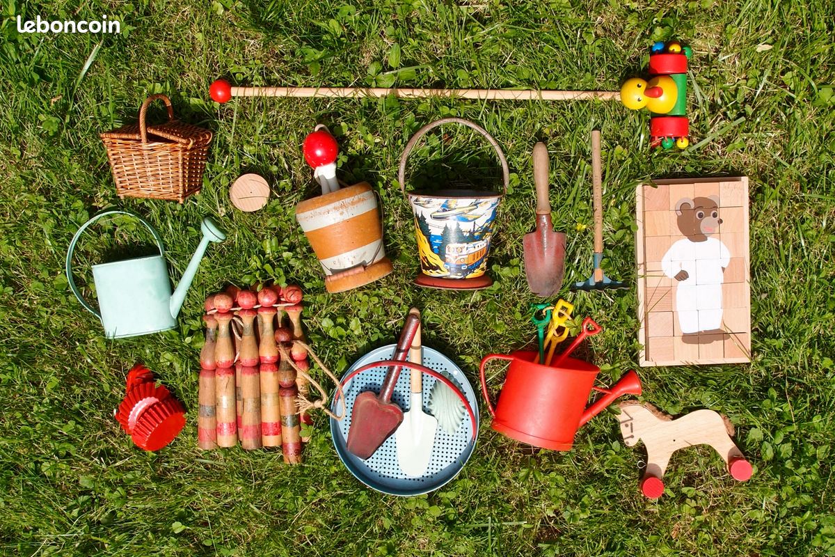 Jouets anciens bois et métal décoré seau quilles (image 2)