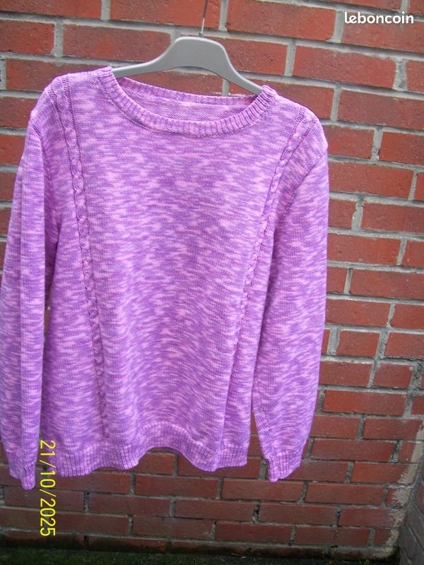 Pull Dame Rose Chiné T 44/46 Torsades Manches et Devant (image 1)